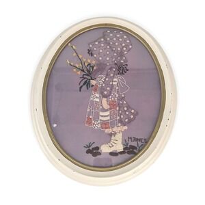 Vintage 1975 Holly Hobbie Folk Art Embroidery Oval Frame Signed Handmade Purple